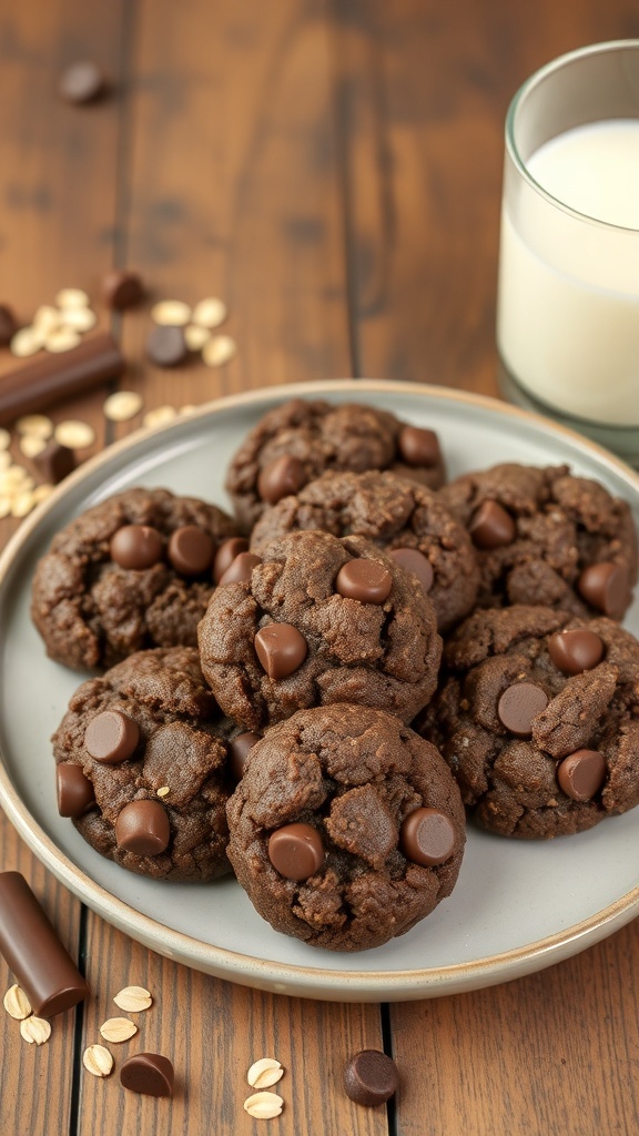 No-Bake Oatmeal Cookies Recipe A plate of no-bake oatmeal cookies with a glass of milk on a wooden table.